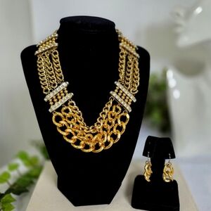 Vintage Chunky Multi Gold Chain Necklace and Earrings Set
